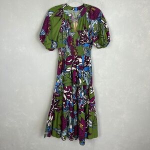 Anthropologie Conditions Apply size 2 puff sleeve midi dress green floral NEW